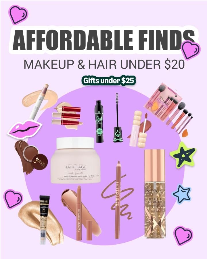 “Affordable Amazon makeup and hair products under $20 — includes Hairitage hair mask, Milani concealer, ColourPop lip liner, Essence Lash Princess mascara, beauty brushes, hydrating lip gloss, and hair serum.”